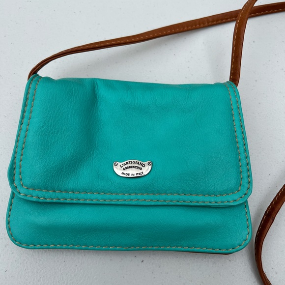 L'ARTIGIANO SORRENTINO Leather Crossbody Purse teal aqua tan bag Italy made - Picture 2 of 12